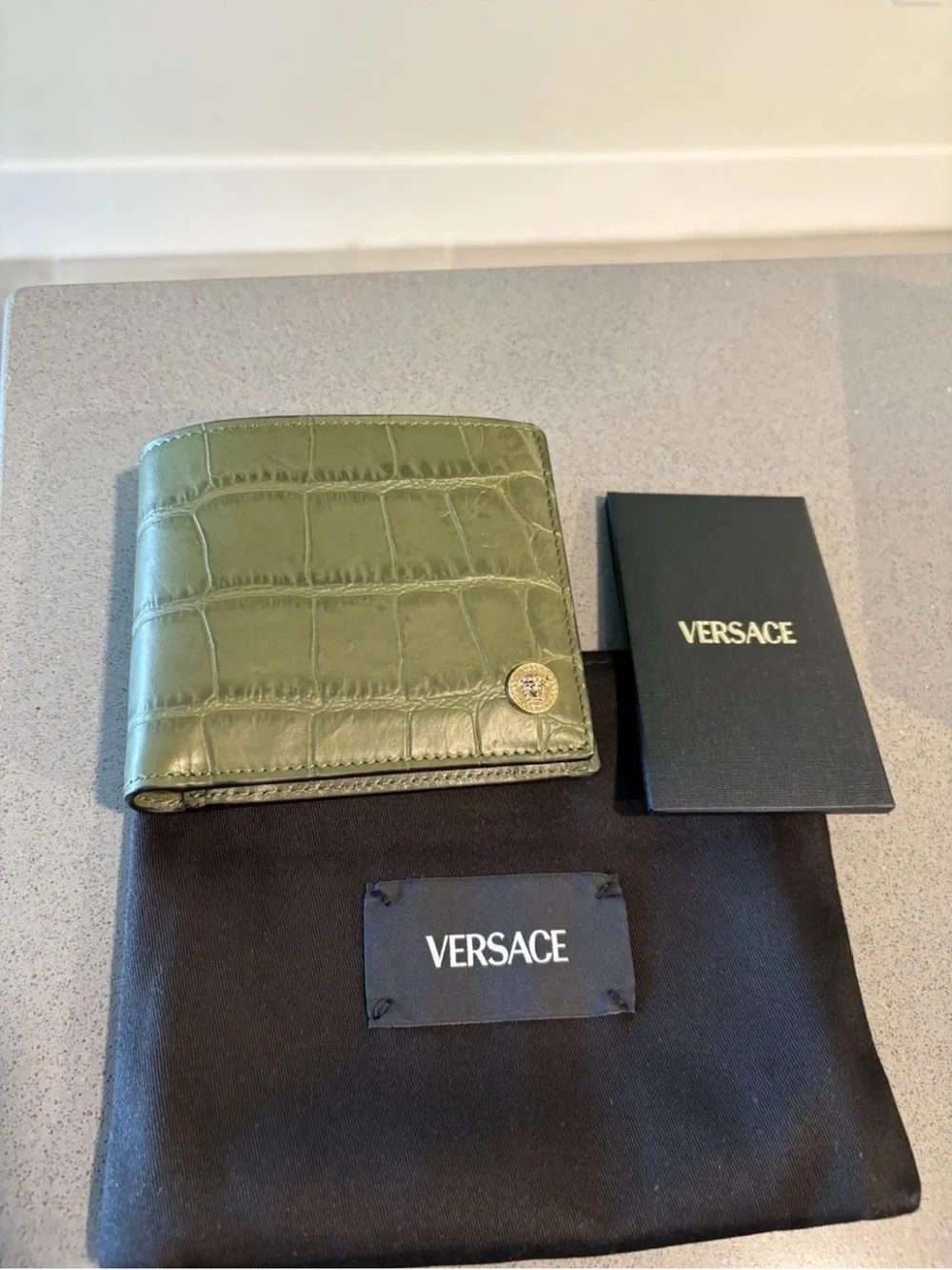 Versace Olive Green Croc-Embossed Leather Money Clip with Gold Medallion